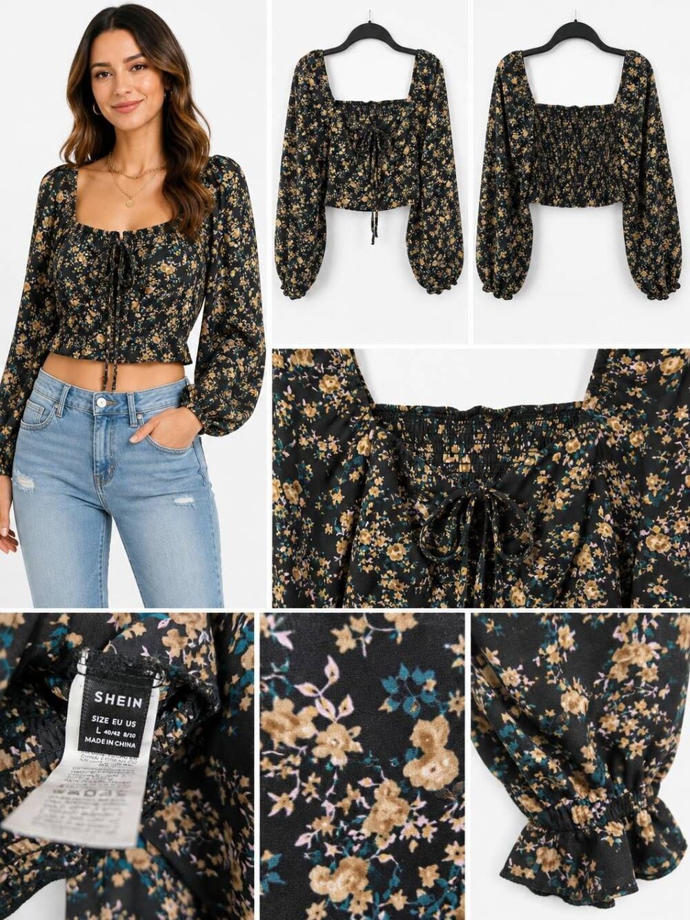 Active USA Large Black Floral Smocked Puff Sleeve Top Women’s